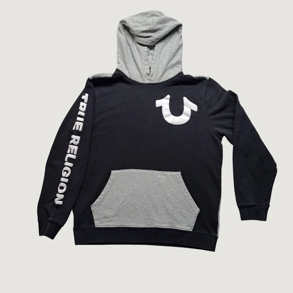 True Religion Color Block Pullover Hoodie Mens Medium Black Grey Excellent Logo